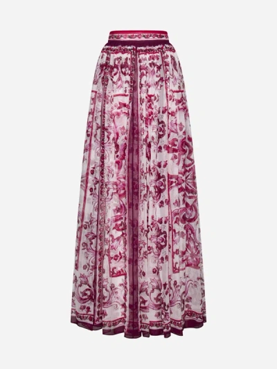 Shop Dolce & Gabbana Majolica Print Silk Long Skirt In White,fuchsia
