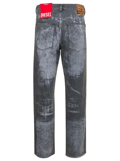 Shop Diesel Grey Straight Jeans With Bleached Effect And Logo Lettering Print In Cotton Blend Denim Man In Blu