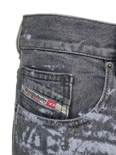 Shop Diesel Grey Straight Jeans With Bleached Effect And Logo Lettering Print In Cotton Blend Denim Man In Blu