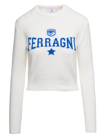 Shop Chiara Ferragni White Long-sleeved Sweater With Contrasting Maxi Logo In Wool Blend Woman