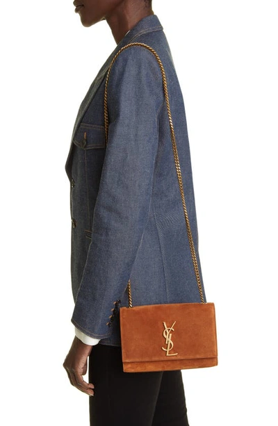 Shop Saint Laurent Small Kate Suede Shoulder Bag In Camel