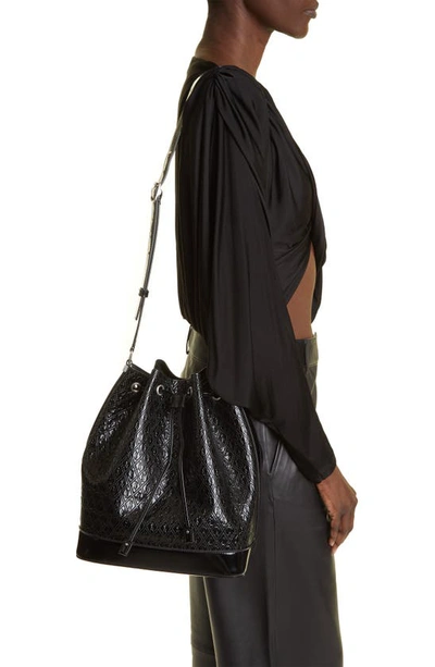 Saint Laurent Paris Vii Medium Croc-effect Patent-leather Bucket Bag In Noir