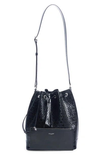 Saint Laurent Paris Vii Medium Croc-effect Patent-leather Bucket Bag In Noir