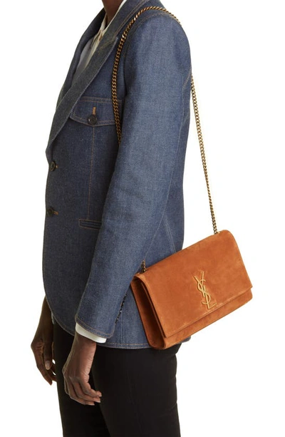 Shop Saint Laurent Medium Kate Suede Shoulder Bag In Camel