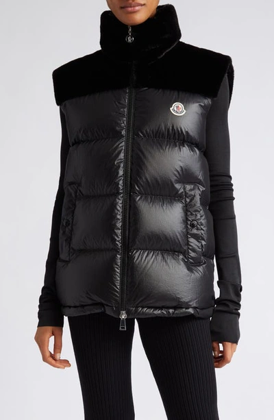 Shop Moncler Lempa Down Puffer Vest With Faux Fur Trim In Black