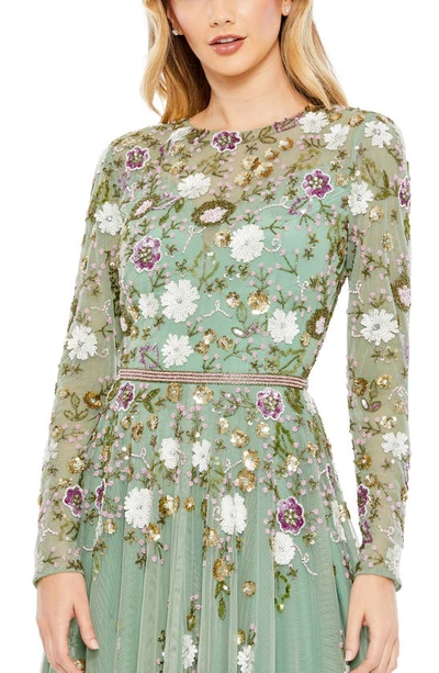 Shop Mac Duggal Sequin Floral Long Sleeve Mesh Dress In Sage Multi