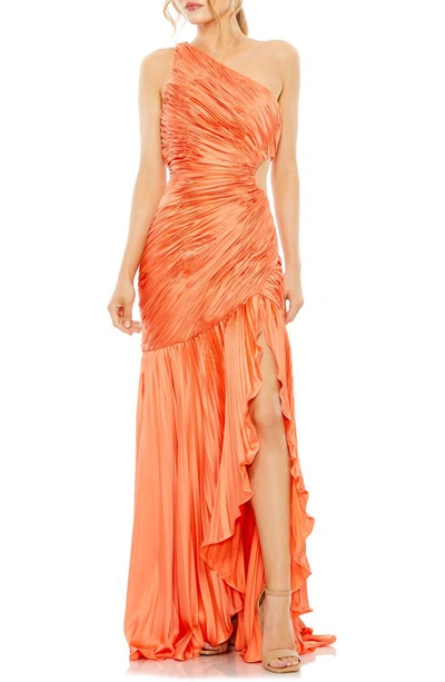 Shop Mac Duggal Side Cutout Pleat One-shoulder Gown In Coral