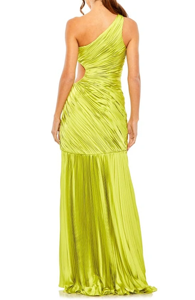 Shop Mac Duggal Side Cutout Pleat One-shoulder Gown In Apple Green