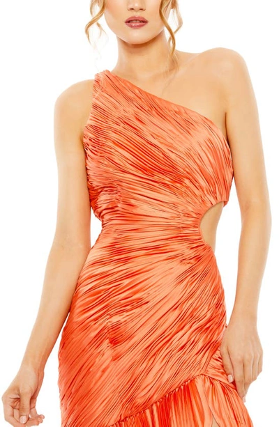 Shop Mac Duggal Side Cutout Pleat One-shoulder Gown In Coral