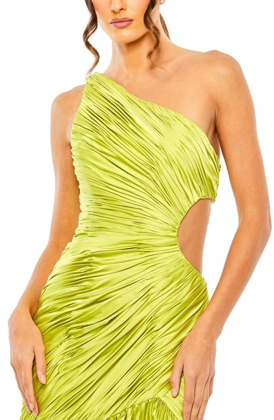Shop Mac Duggal Side Cutout Pleat One-shoulder Gown In Apple Green