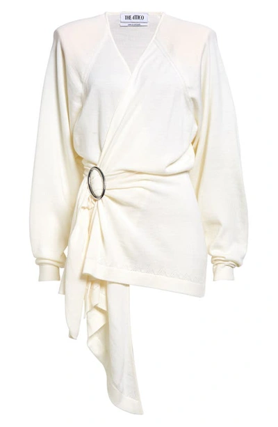 Shop Attico Hurely Side Belt Long Sleeve Wool Minidress In Ivory