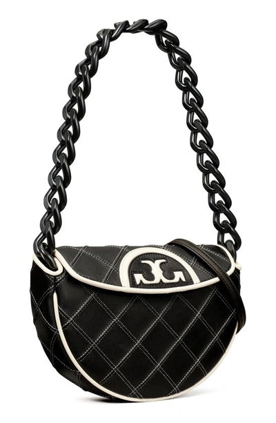 Shop Tory Burch Mini Fleming Soft Crescent Shoulder Bag In Black