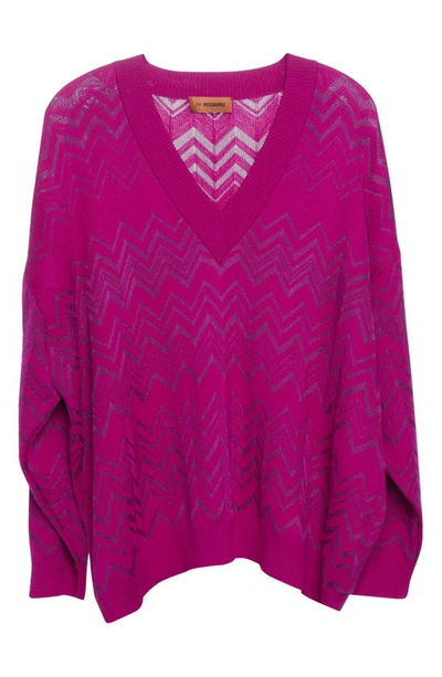 Shop Missoni Chevron V-neck Wool Blend Sweater In Purple Wine
