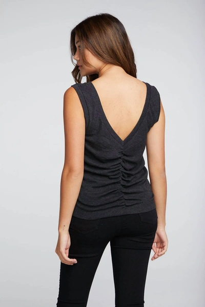 Shop Chaser Triblend Rib Shirred Back V Muscle Tank Top In Black In Blue