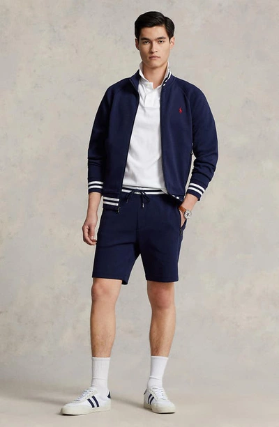 Shop Polo Ralph Lauren Stripe Logo Embroidered Double Knit Drawstring Shorts In Cruise Navy Multi