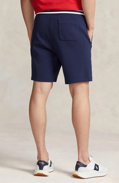 Shop Polo Ralph Lauren Stripe Logo Embroidered Double Knit Drawstring Shorts In Cruise Navy Multi