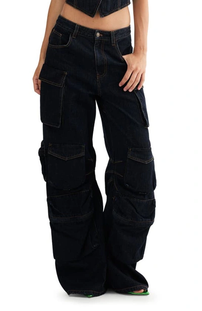 Shop Lioness Smokeshow Low Rise Cargo Jeans In Dark Denim