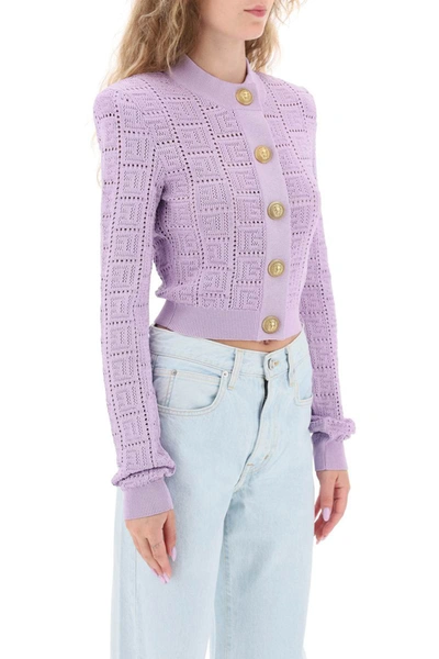 Shop Balmain Crew-neck Cardigan With Embossed Buttons In Purple
