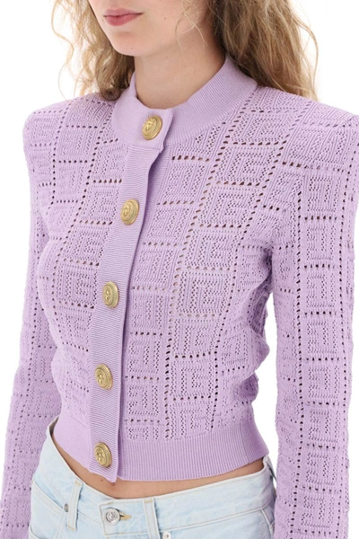Shop Balmain Crew-neck Cardigan With Embossed Buttons In Purple
