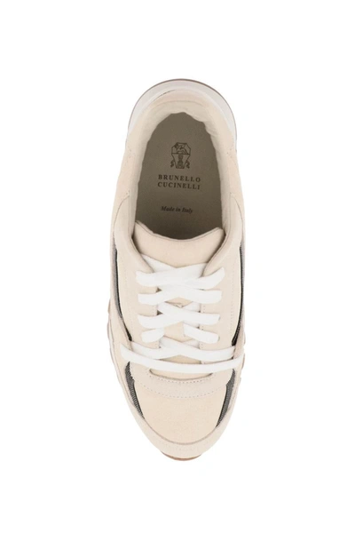 Shop Brunello Cucinelli Suede Sneakers With Monili Insets In Beige