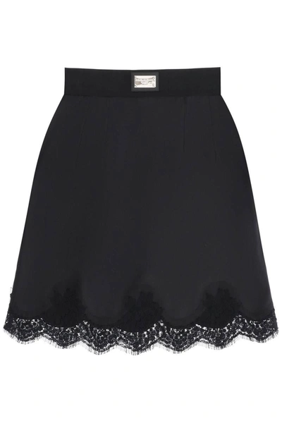 Shop Dolce & Gabbana Silk Mini Skirt With Lace Trim In Black
