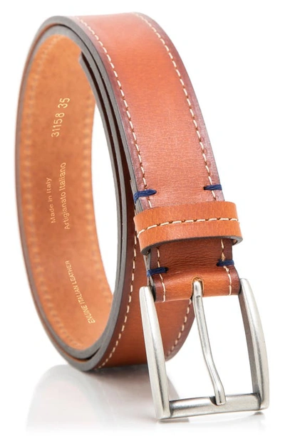 Shop Made In Italy Stitched Leather Belt In Cognac