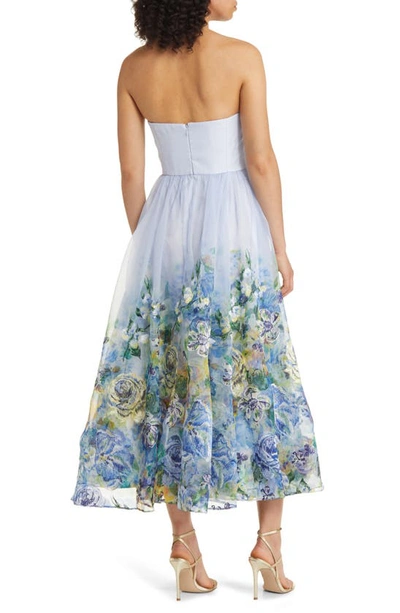 Shop Marchesa Notte Painted Layered Roses Floral Embroidered Strapless A-line Dress In Blue Yellow