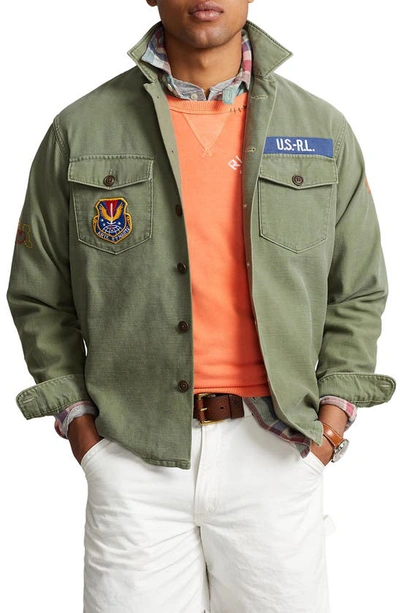 Shop Polo Ralph Lauren Classic Fit Peace Love Patch Embroidered Cotton Twill Jacket In 6090 Olive