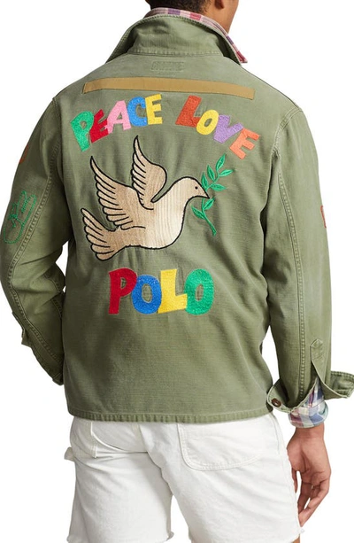 Shop Polo Ralph Lauren Classic Fit Peace Love Patch Embroidered Cotton Twill Jacket In 6090 Olive