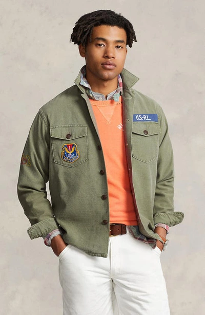 Shop Polo Ralph Lauren Classic Fit Peace Love Patch Embroidered Cotton Twill Jacket In 6090 Olive