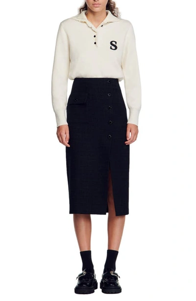 Shop Sandro Tzara Button Tweed Midi Skirt In Black
