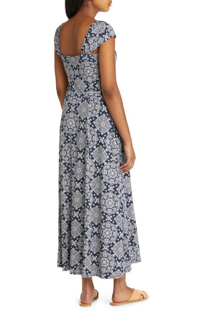 Shop Loveappella Tie Front Cap Sleeve A-line Midi Dress In Navy/ Ivory