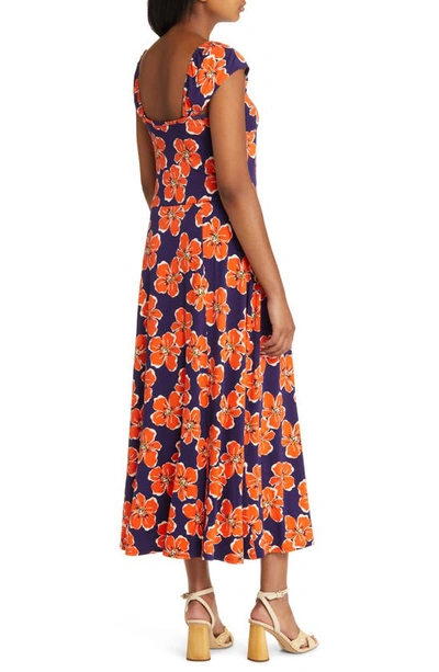 Shop Loveappella Tropical Floral Print Midi Dress In Navy/ Coral
