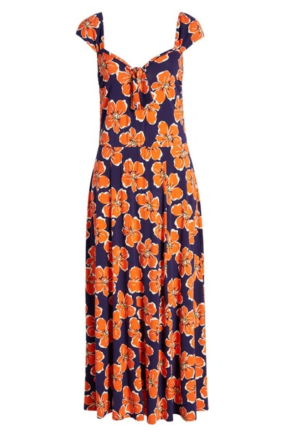 Shop Loveappella Tropical Floral Print Midi Dress In Navy/ Coral