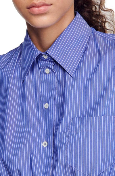 Shop Sandro Paprika Pinstripe Crop Button-up Blouse In Blue/ White