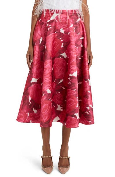 Shop Valentino Rose Print A-line Midi Skirt In Milk/ Rosso