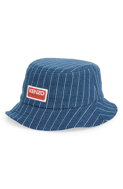 Shop Kenzo Embroidered Stripe Denim Bucket Hat In Ds - Medium Stone Blue Denim