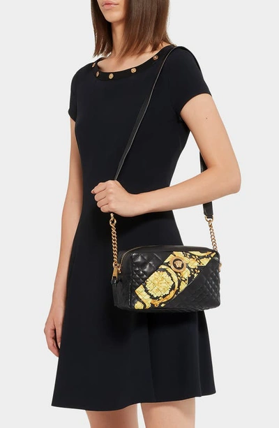 Shop Versace Baroque Icon Quilted Leather Camera Bag In Black Multi/ Tribute Gold