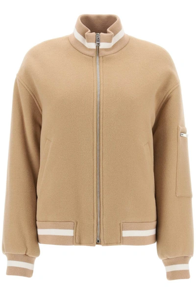 Shop Msgm Padded Bomber Jacket With Back Embroidery In Beige