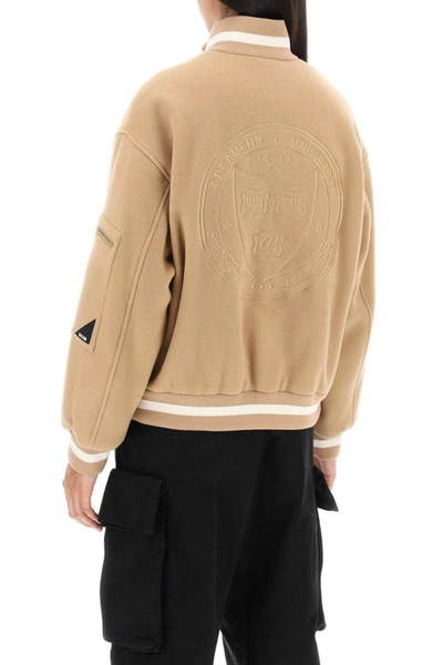 Shop Msgm Padded Bomber Jacket With Back Embroidery In Beige