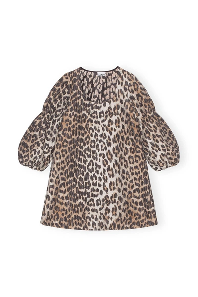 Shop Ganni 3d Jacquard Puff Sleeve Mini Dress In Big Leopard Almond Milk In Multi