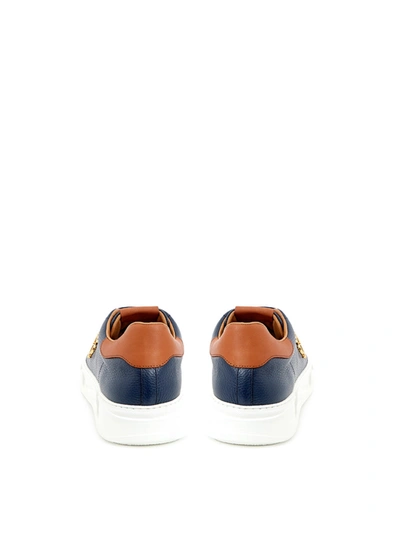 Shop Roberto Cavalli Blue Leather Sneakers With Gold Men's Logo