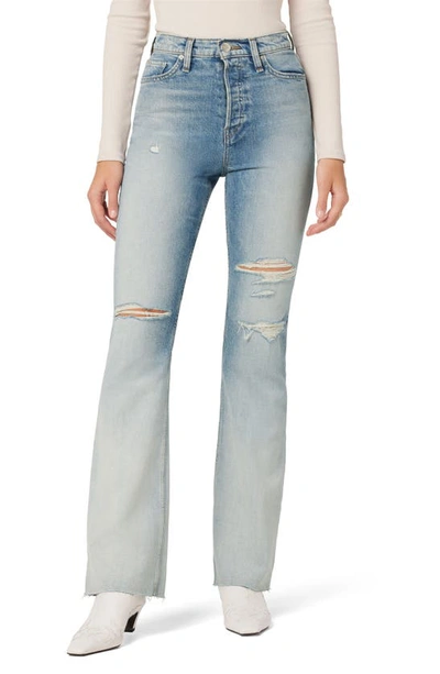 Hudson Faye Ripped Ultra High Waist Raw Hem Flare Organic Cotton Jeans In Bleach Dip