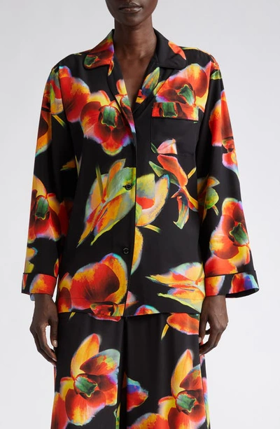 Shop Alexander Mcqueen Orchid Print Silk Button-up Shirt In 1000 Black