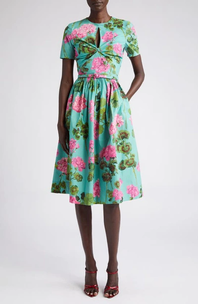 Shop Oscar De La Renta Geranium Print Belted Twist Detail Stretch Cotton Fit & Flare Dress In Pink/ Jade