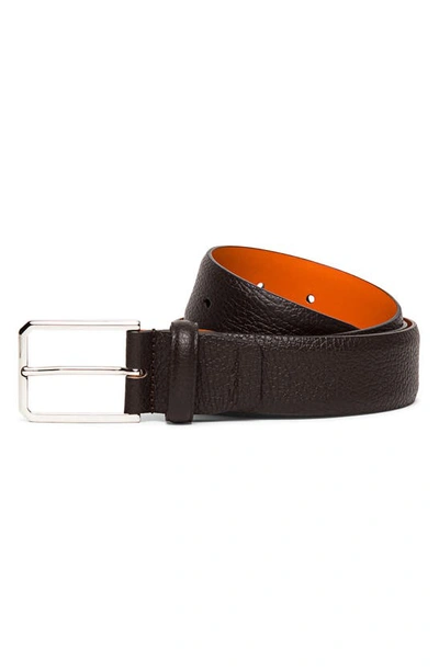 Santoni Men's Rectangle Buckle Grained Leather Belt In Brown
