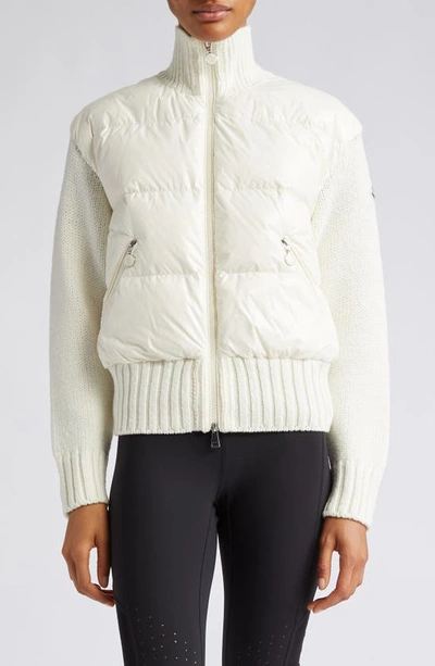 Shop Moncler Mixed Media Quilted Down Cardigan In White