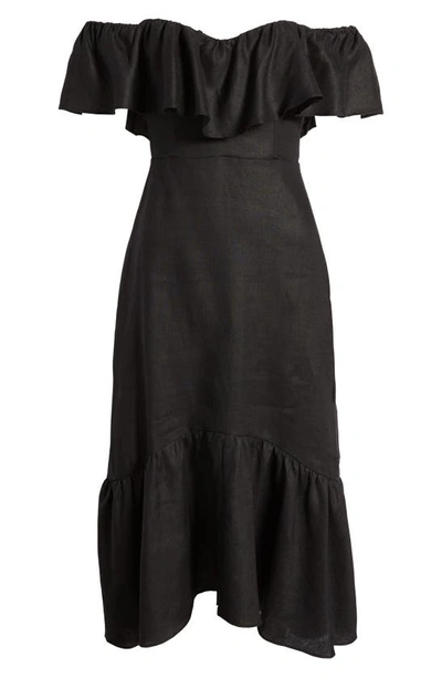 Shop Reformation Baela Ruffle Off The Shoulder Linen Dress In Black