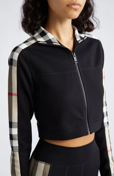 Shop Burberry Cynthia Crop Check Panel Front Zip Top In Black