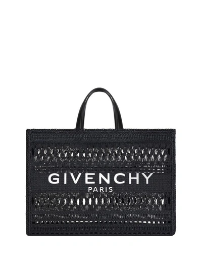 Shop Givenchy Women G-tote Media In Rafia Intrecciata In Black